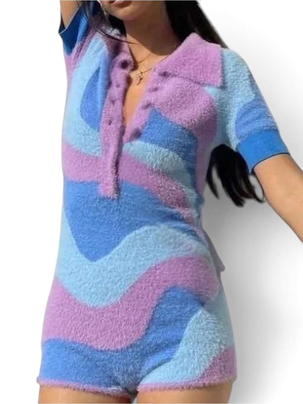 House of Sunny Good Vibrations Romper S US 6 Fuzzy Pastel Knit NWT